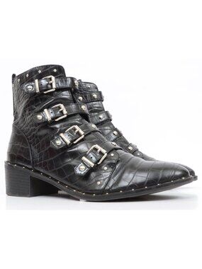 Fergalicious‎ Haven Womens 8.5 Silver Buckle Booties Black Rocker Chic Moto Boot